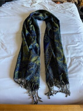 Blue and Olive Paisley Fringe Wrap Scarf - Women Accessories